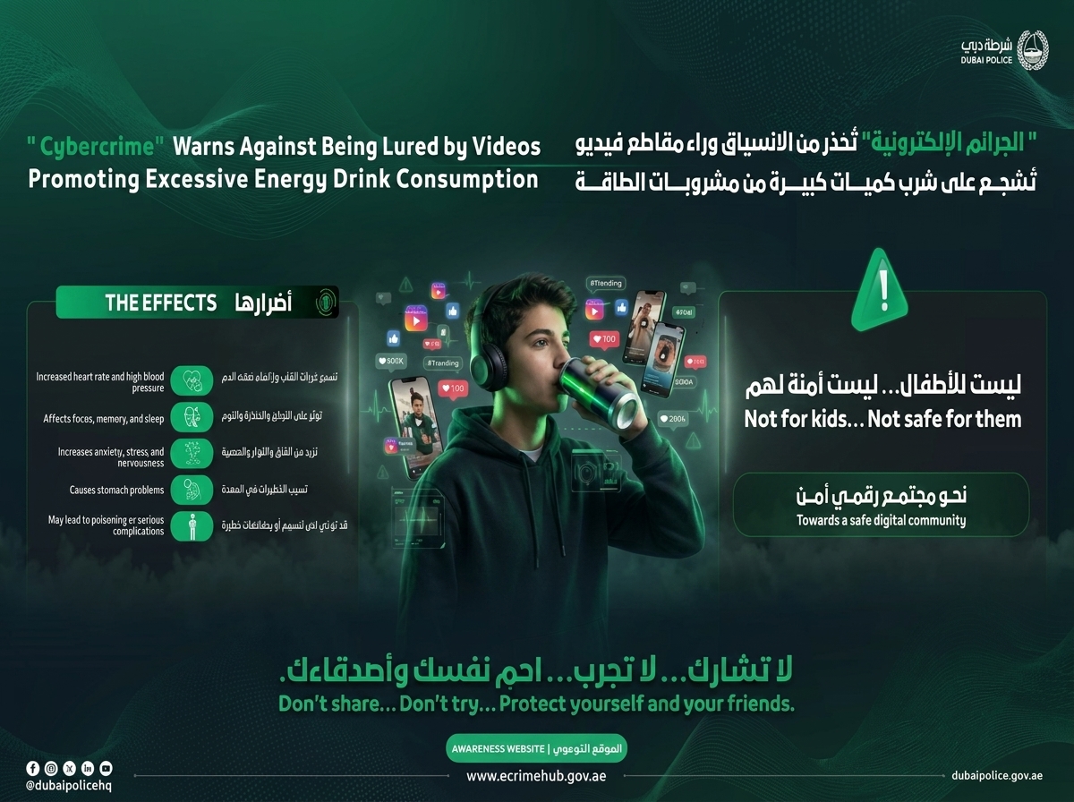 Dubai Police warn against misleading videos promoting excessive energy drink use